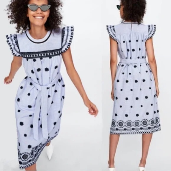 ZARA EMBROIDERED FLORAL MIDI STRIPED DRESS - Picture 6 of 6